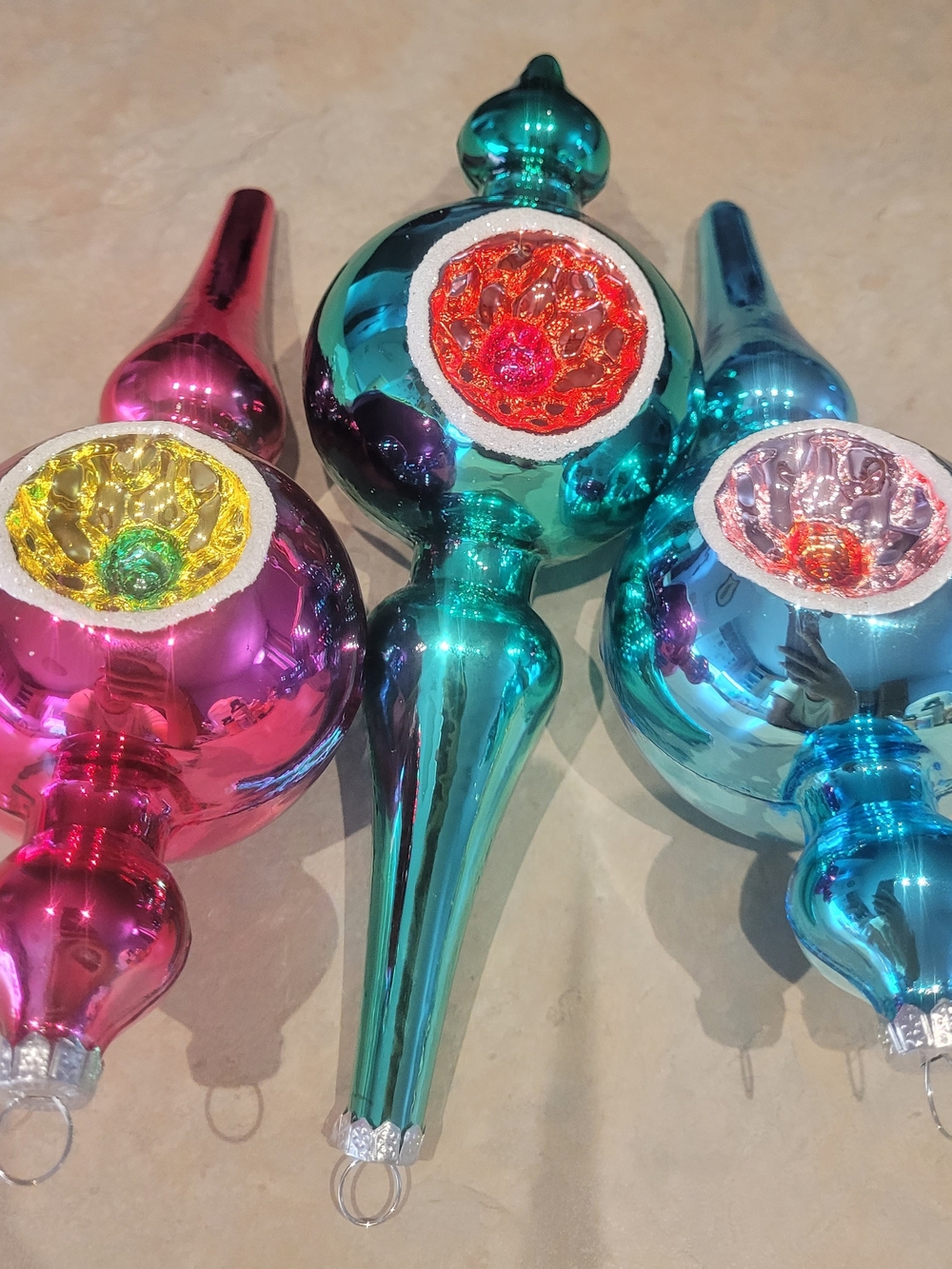 (3) Eight Inches Mercury Reflecto Indented Holiday Glass Finial Ornament.